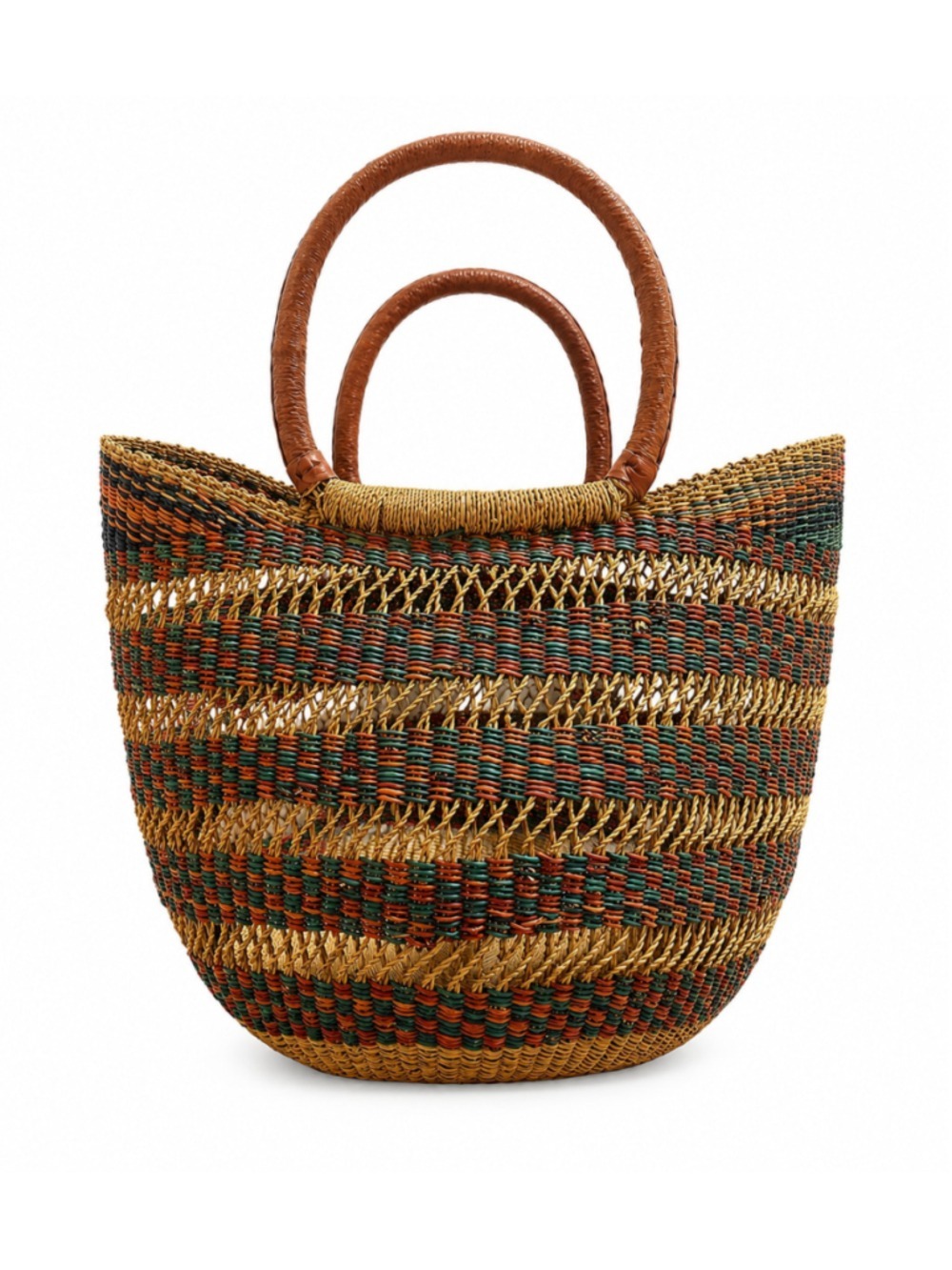 Authentic Ghana Bolga Tote Handwoven Basket with Leather Handle